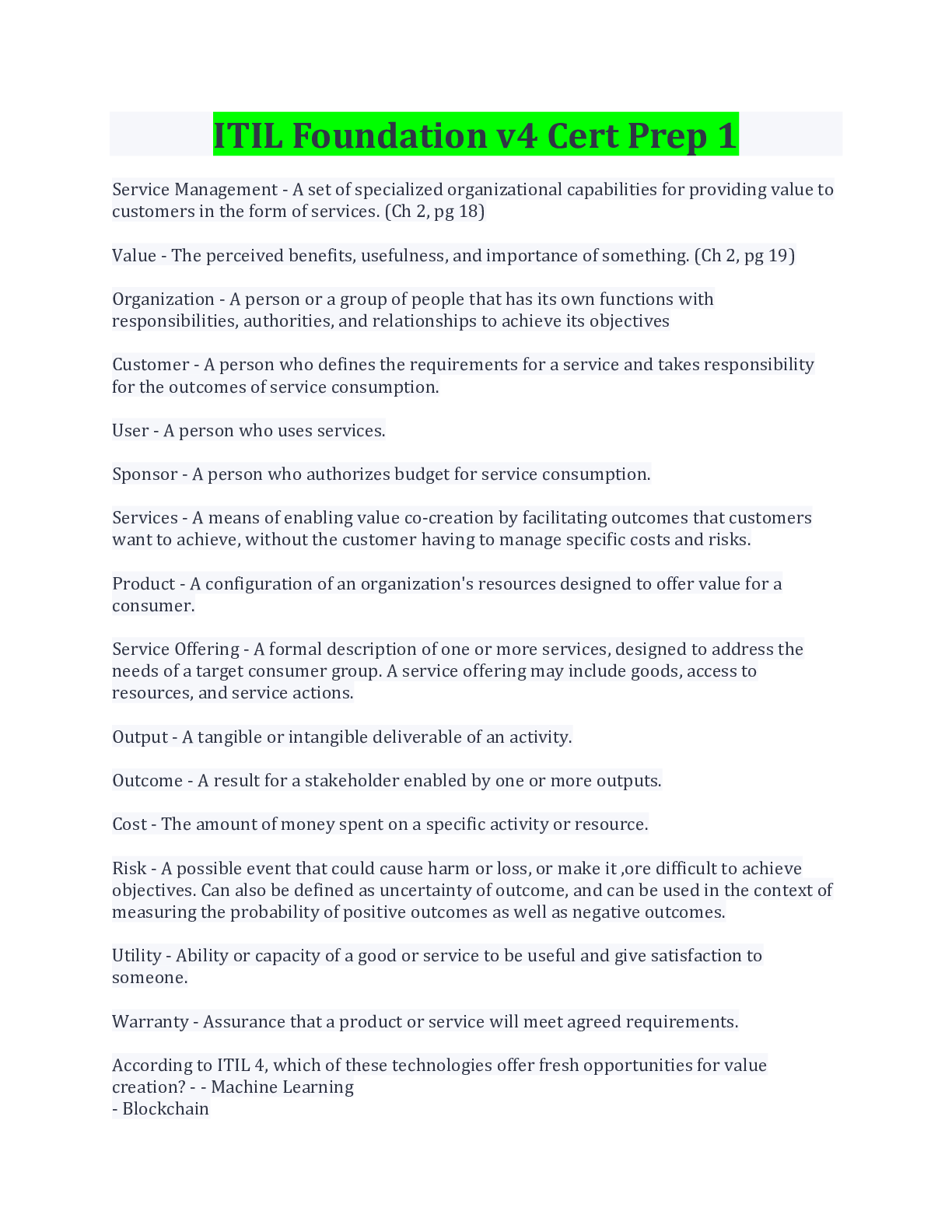Preview image for ITIL Foundation v4 Cert Prep 1/Introduction (Ch 1); Key Concepts of Service Mgmt (Ch 2), Key Concepts (Ch 3) Axelos book